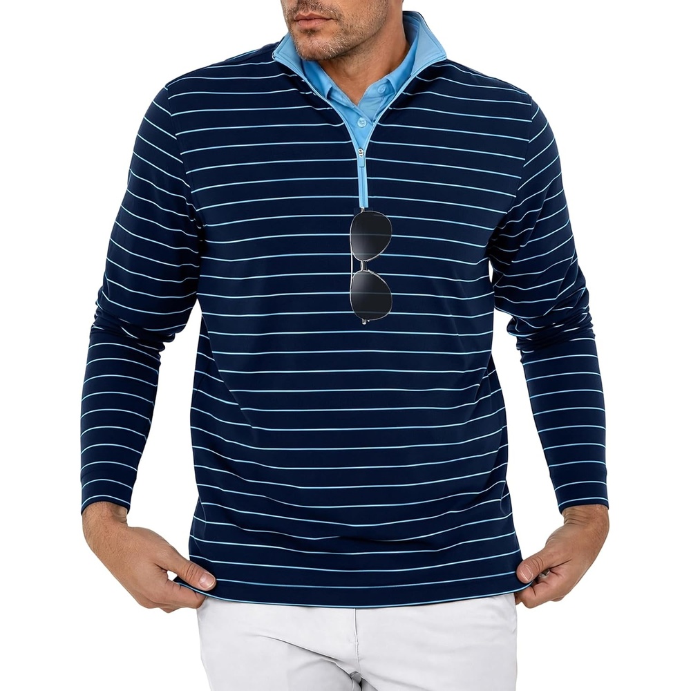 image:imageZITY Quarter Zip Pullover for Men Golf Shirts Long Sleeve Print UPF 50 Sun Protection Moisture Wicking Athletic SweatshirtNavy Light Blue Stripe