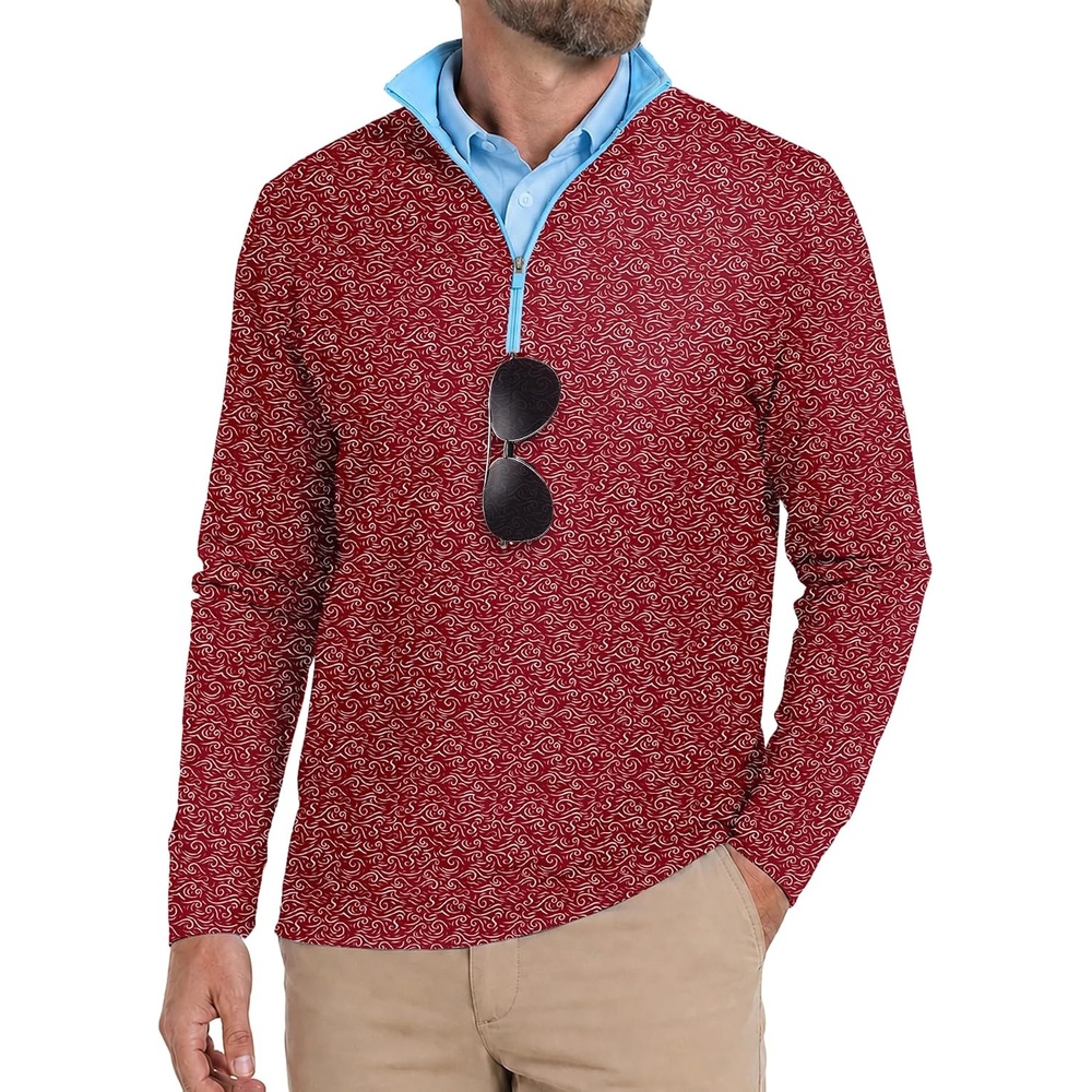 image:imageZITY Quarter Zip Pullover for Men Golf Shirts Long Sleeve Print UPF 50 Sun Protection Moisture Wicking Athletic SweatshirtRed Wave