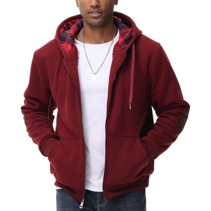 ZITY Mens Flannel Plaid Lined Hoodies Zip Up Heavyweight Sweatshirt Winter Warm Thick Coat(Wine Red)