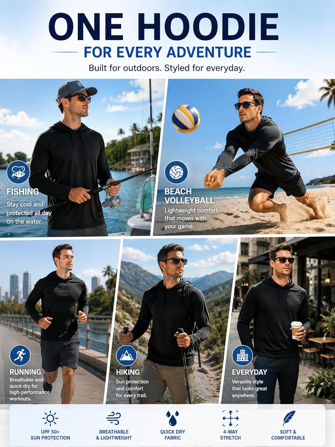 image:imageZITY 3 Pack Mens Sun Protection Hoodie Shirt Fishing Shirts for Men UPF 50 Long Sleeve Shirt Lightweight Rash Guard3 Pack Light Gray Black White