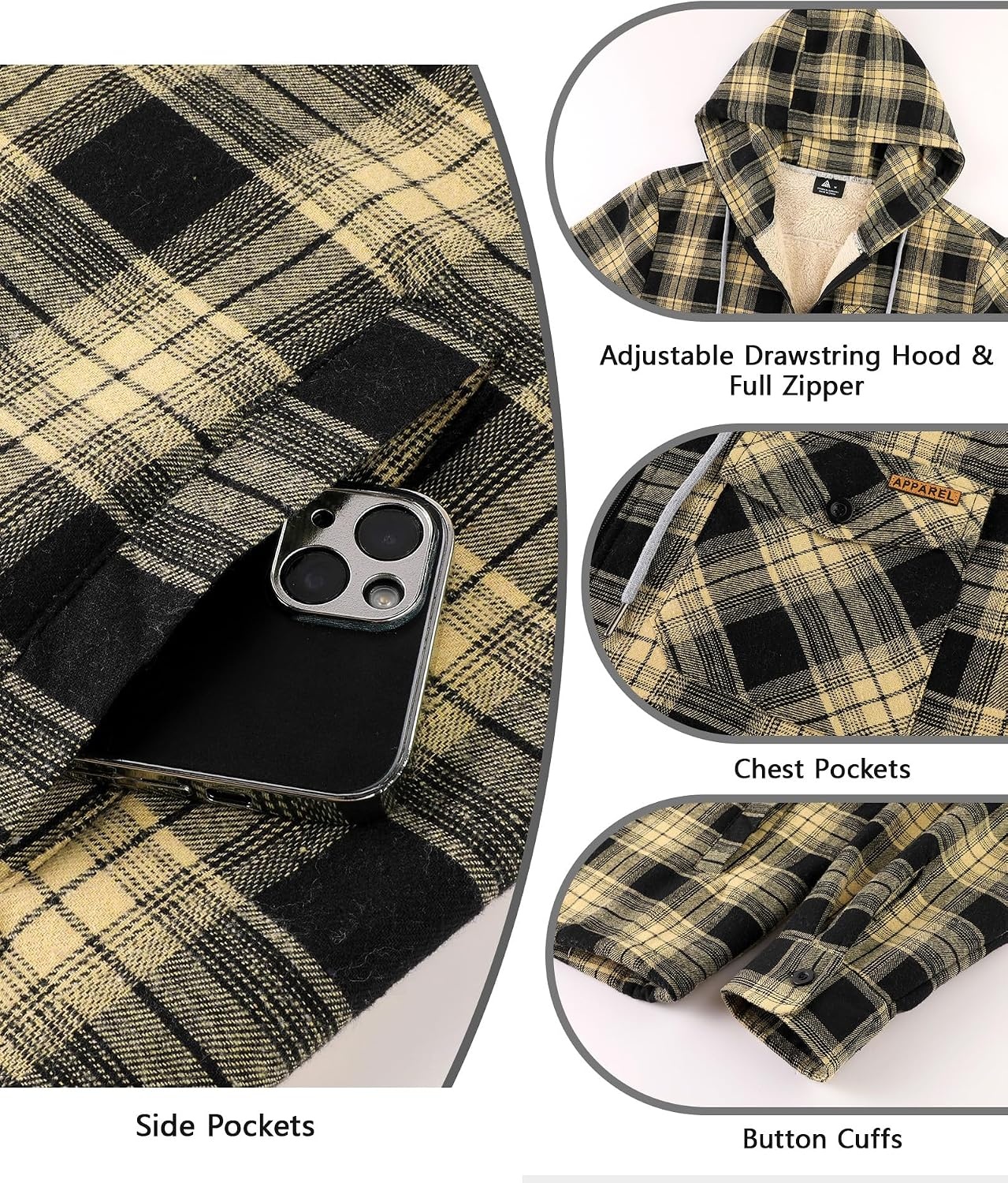 image:imageZITY Mens Flannel Jacket Plaid Zip Up Hoodie Fleece Jacket Sherpa Lined Sweatshirt Warm Winter Coat with PocketBlack Beige