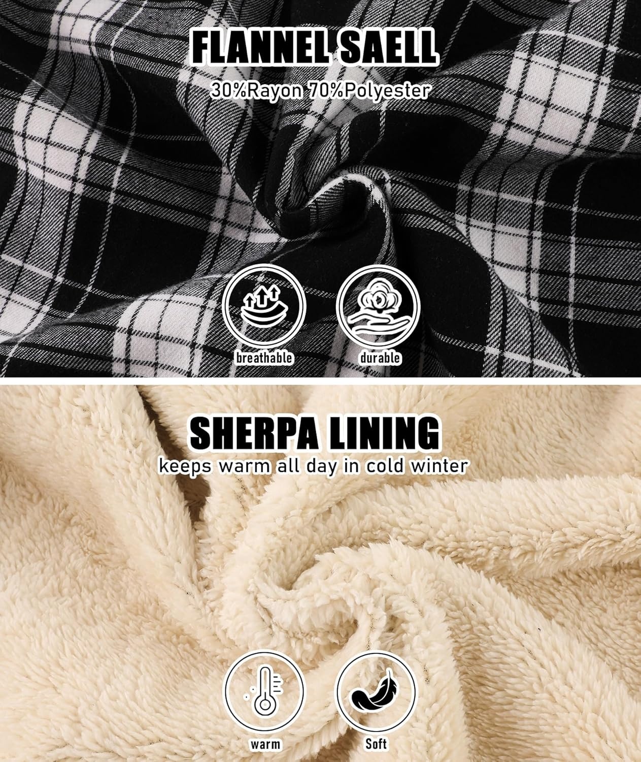 image:imageZITY Mens Flannel Jacket Plaid Zip Up Hoodie Fleece Jacket Sherpa Lined Sweatshirt Warm Winter Coat with PocketBlack White