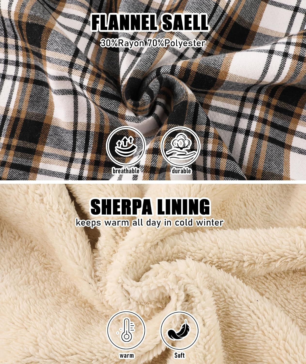 image:imageZITY Mens Flannel Jacket Plaid Zip Up Hoodie Fleece Jacket Sherpa Lined Sweatshirt Warm Winter Coat with PocketBrown White
