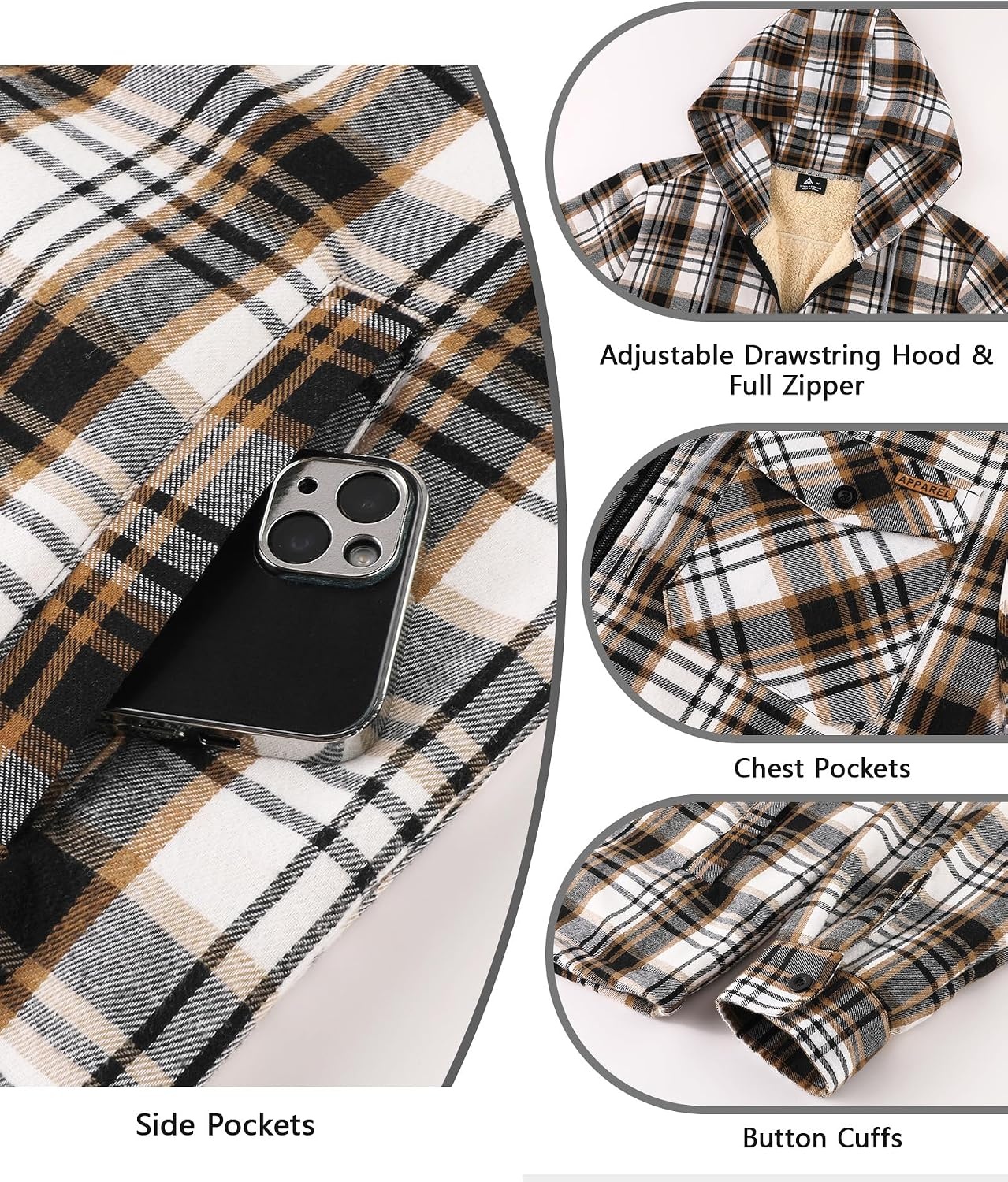 image:imageZITY Mens Flannel Jacket Plaid Zip Up Hoodie Fleece Jacket Sherpa Lined Sweatshirt Warm Winter Coat with PocketBrown White