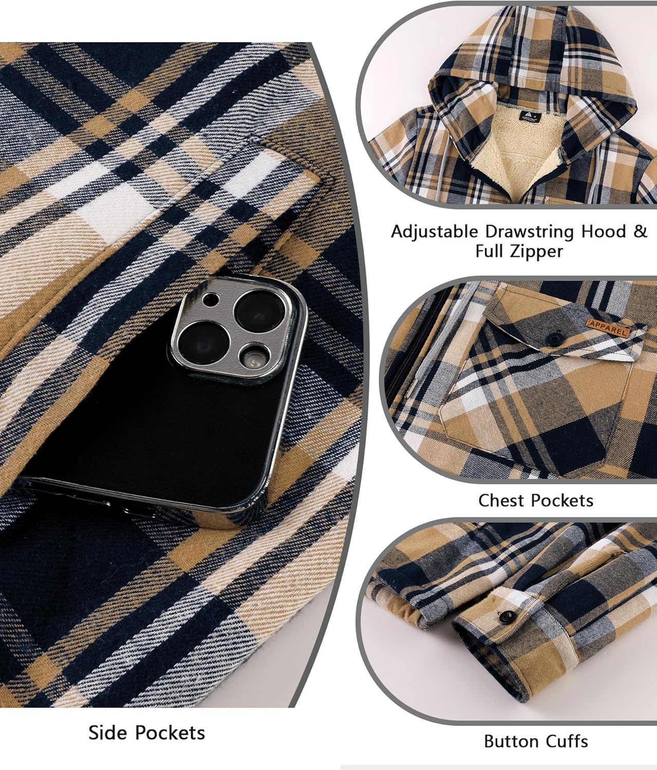 image:imageZITY Mens Flannel Jacket Plaid Zip Up Hoodie Fleece Jacket Sherpa Lined Sweatshirt Warm Winter Coat with PocketDeep Blue Beige