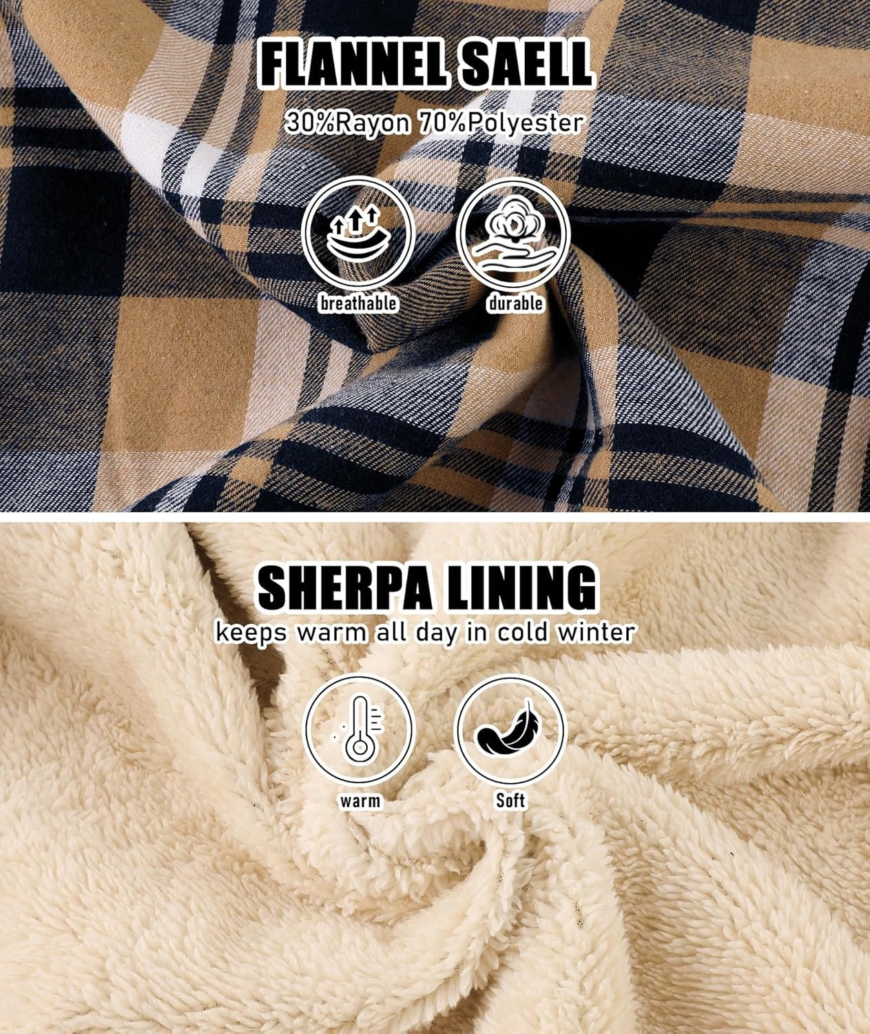 image:imageZITY Mens Flannel Jacket Plaid Zip Up Hoodie Fleece Jacket Sherpa Lined Sweatshirt Warm Winter Coat with PocketDeep Blue Beige