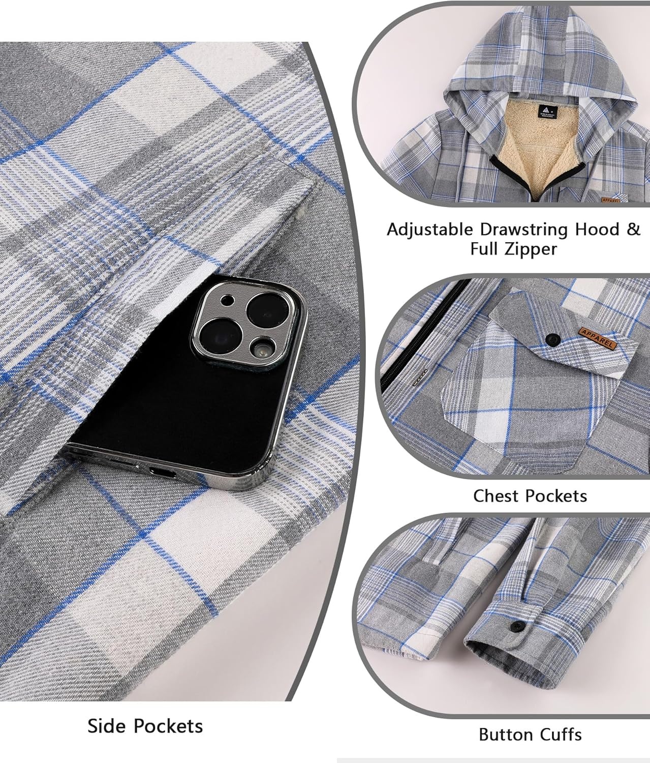 image:imageZITY Mens Flannel Jacket Plaid Zip Up Hoodie Fleece Jacket Sherpa Lined Sweatshirt Warm Winter Coat with PocketGrey