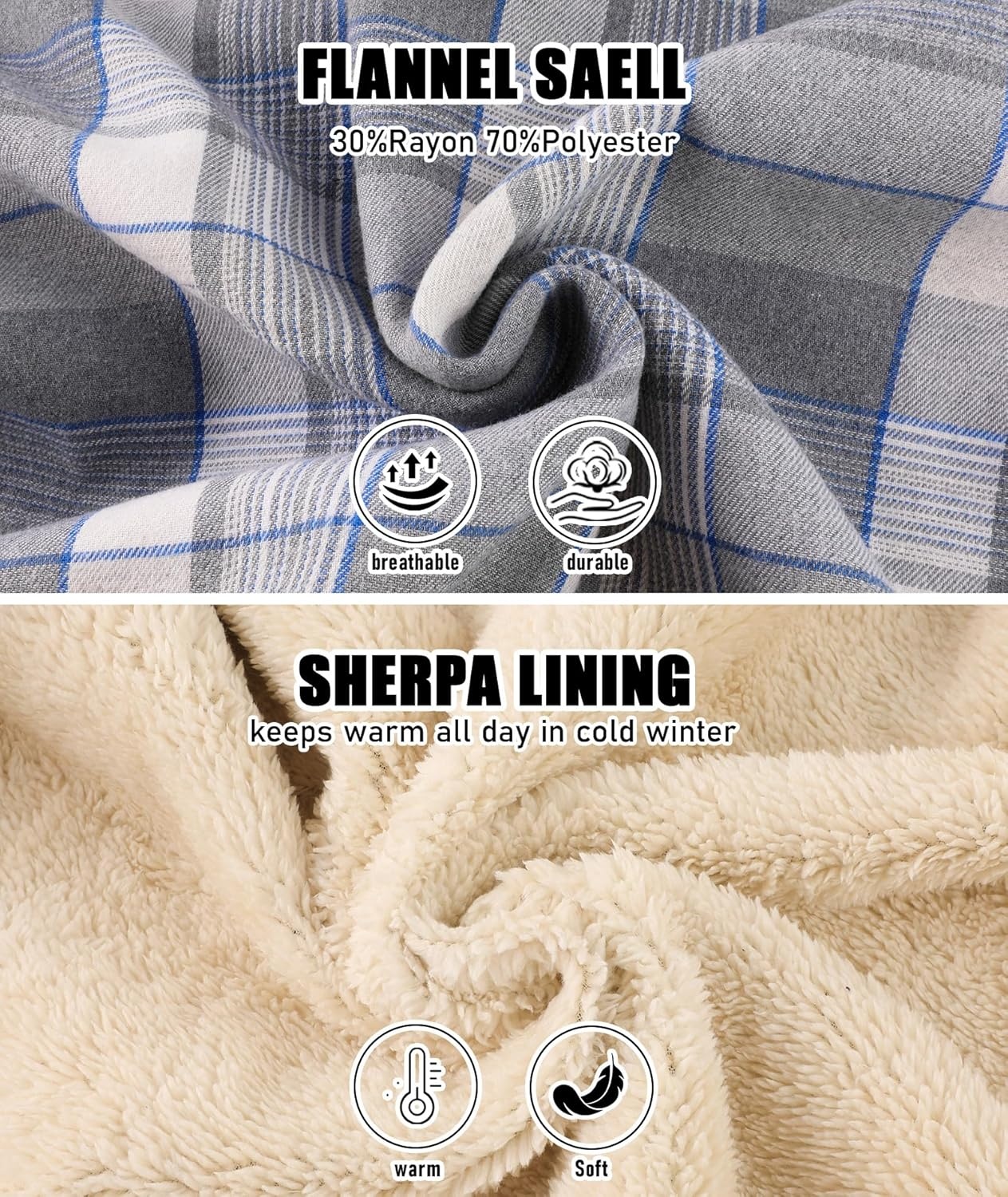 image:imageZITY Mens Flannel Jacket Plaid Zip Up Hoodie Fleece Jacket Sherpa Lined Sweatshirt Warm Winter Coat with PocketGrey