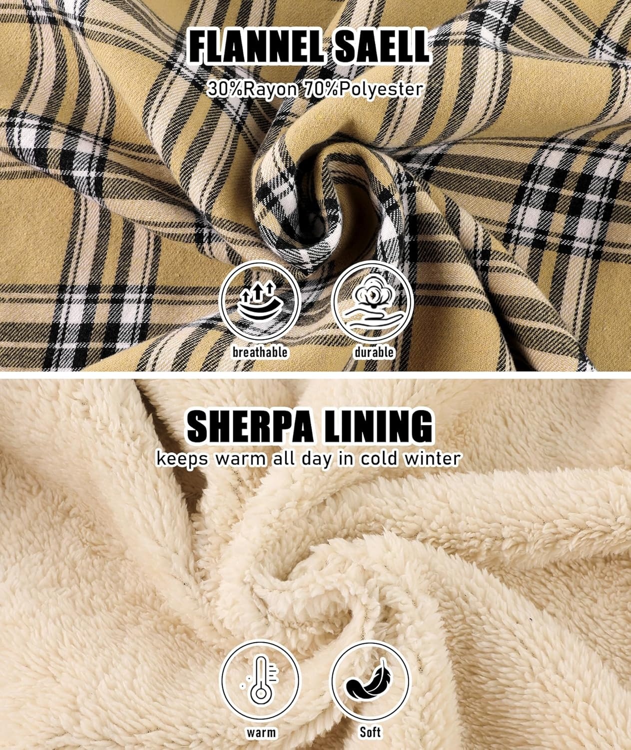 image:imageZITY Mens Flannel Jacket Plaid Zip Up Hoodie Fleece Jacket Sherpa Lined Sweatshirt Warm Winter Coat with PocketKhaki