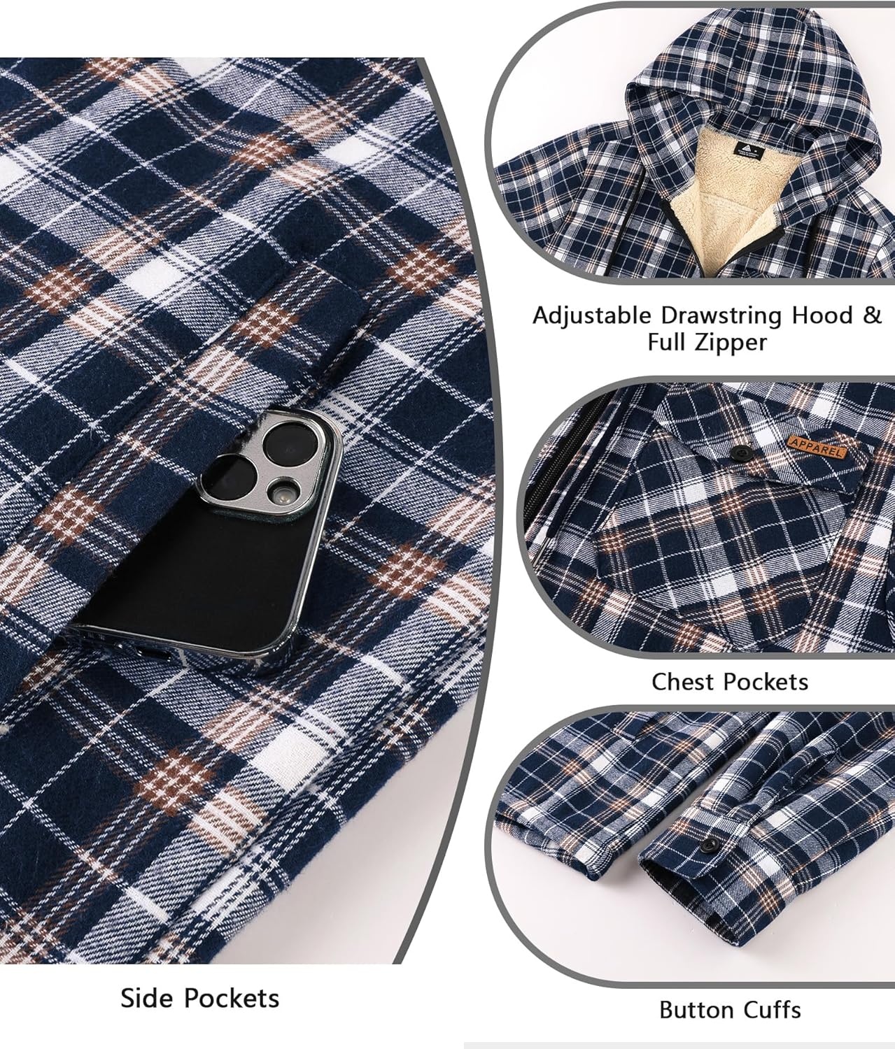 image:imageZITY Mens Flannel Jacket Plaid Zip Up Hoodie Fleece Jacket Sherpa Lined Sweatshirt Warm Winter Coat with PocketNavy White