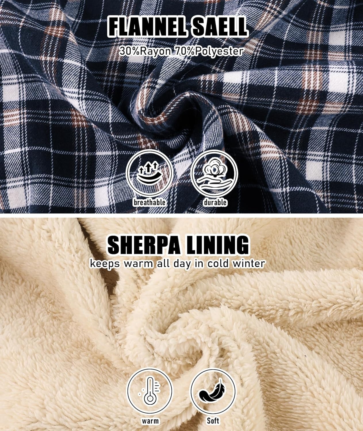 image:imageZITY Mens Flannel Jacket Plaid Zip Up Hoodie Fleece Jacket Sherpa Lined Sweatshirt Warm Winter Coat with PocketNavy White