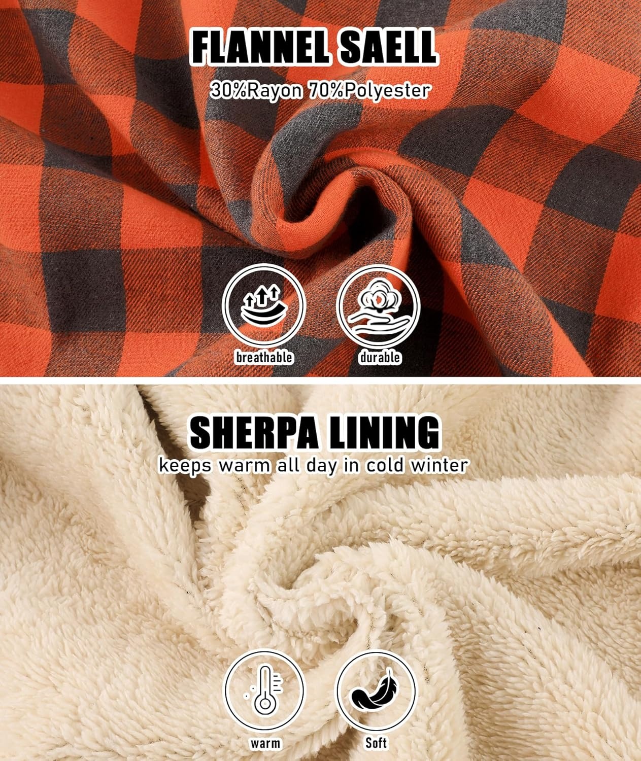 image:imageZITY Mens Flannel Jacket Plaid Zip Up Hoodie Fleece Jacket Sherpa Lined Sweatshirt Warm Winter Coat with PocketOrange