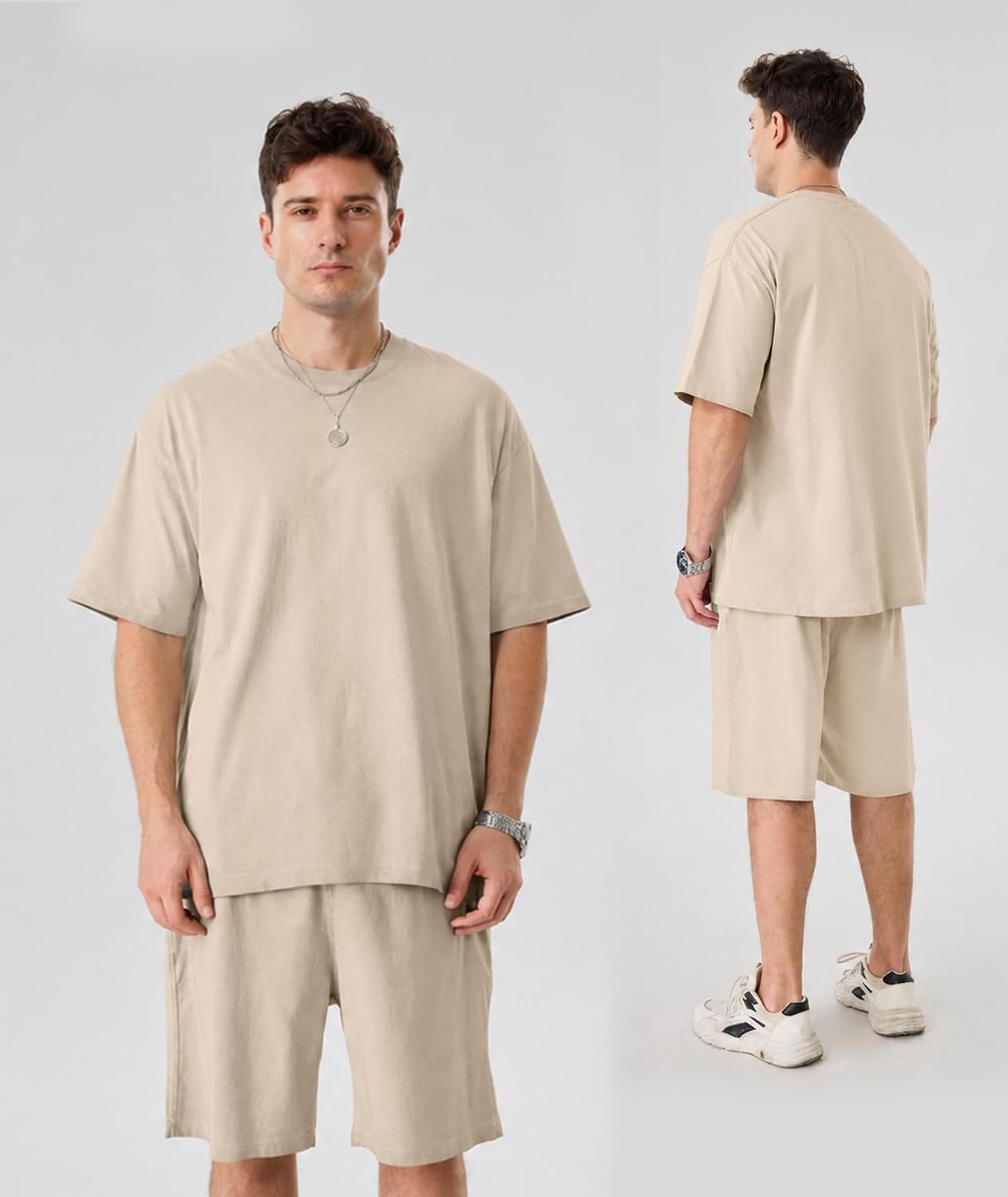 image:imageZITY Mens Short Sets 2 Piece Summer Outfits Oversized Short Sleeve Acid Wash TShirt Shorts Set Casual Cotton Tracksuits Khaki XL