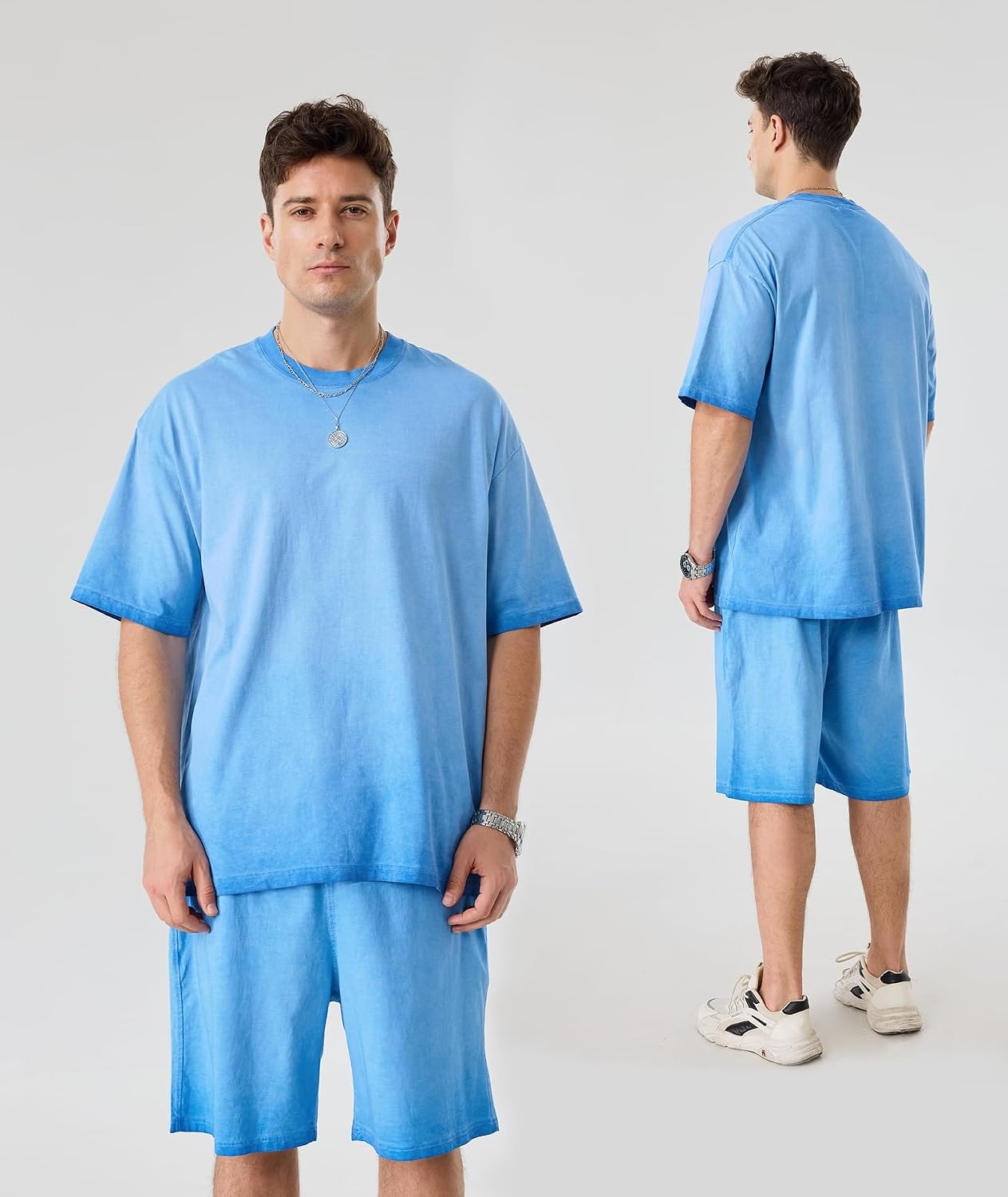 image:imageZITY Mens Short Sets 2 Piece Summer Outfits Oversized Short Sleeve Acid Wash TShirt Shorts Set Casual Cotton TracksuitsBlue