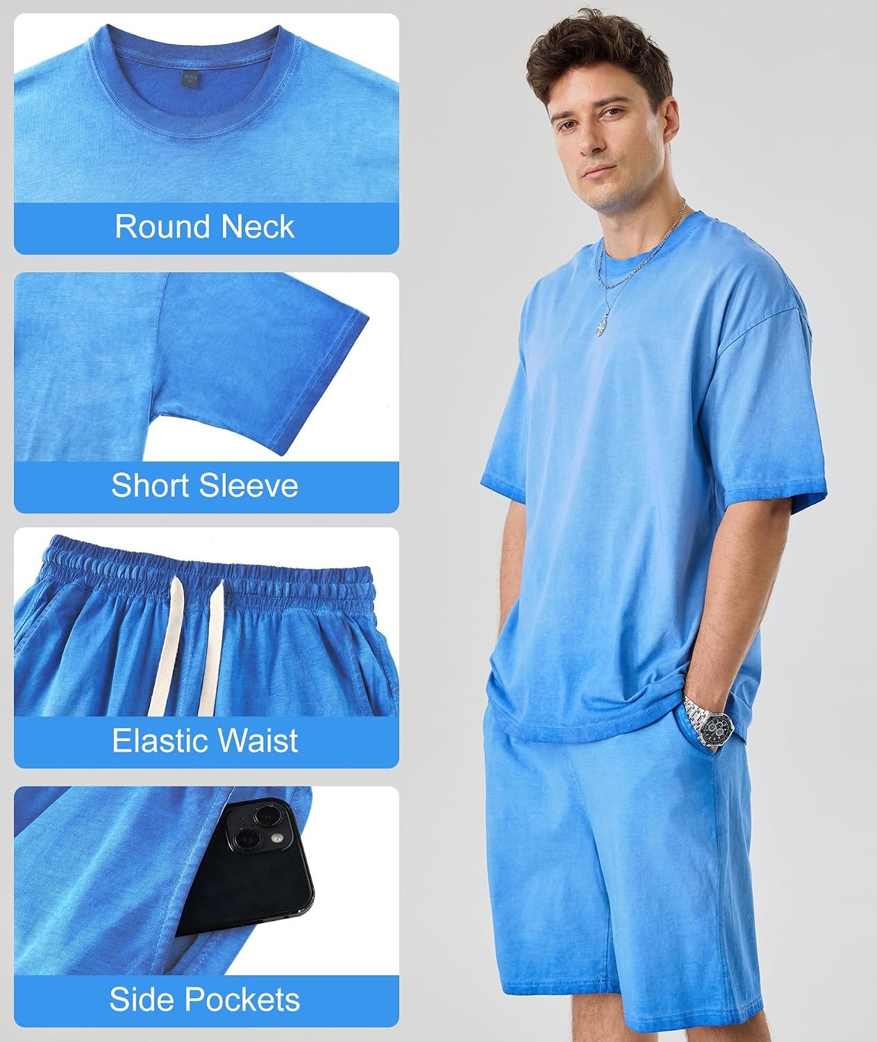 image:imageZITY Mens Short Sets 2 Piece Summer Outfits Oversized Short Sleeve Acid Wash TShirt Shorts Set Casual Cotton TracksuitsBlue