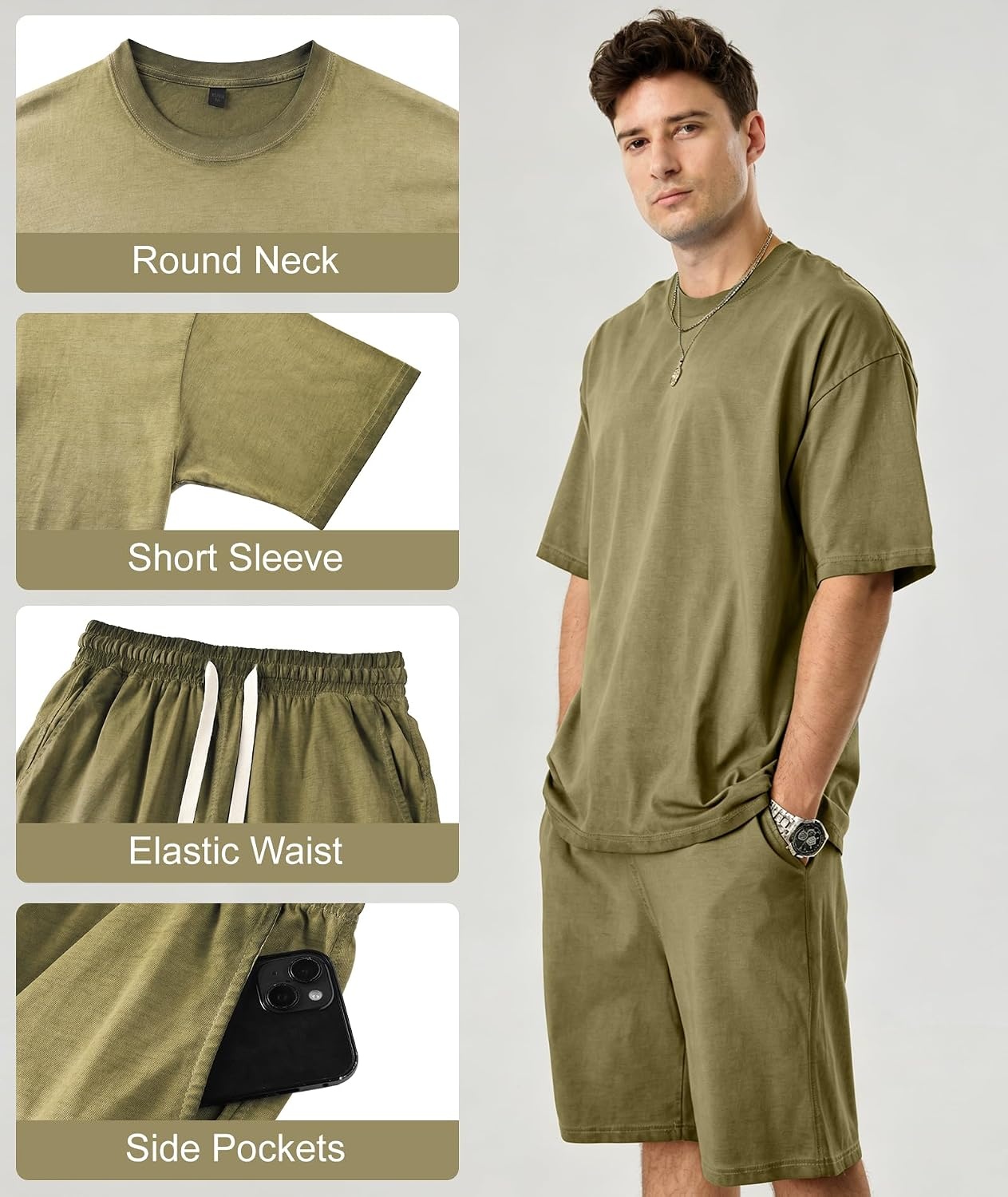 image:imageZITY Mens Short Sets 2 Piece Summer Outfits Oversized Short Sleeve Acid Wash TShirt Shorts Set Casual Cotton TracksuitsGreen