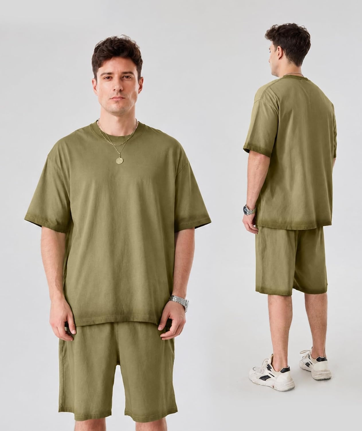 image:imageZITY Mens Short Sets 2 Piece Summer Outfits Oversized Short Sleeve Acid Wash TShirt Shorts Set Casual Cotton TracksuitsGreen