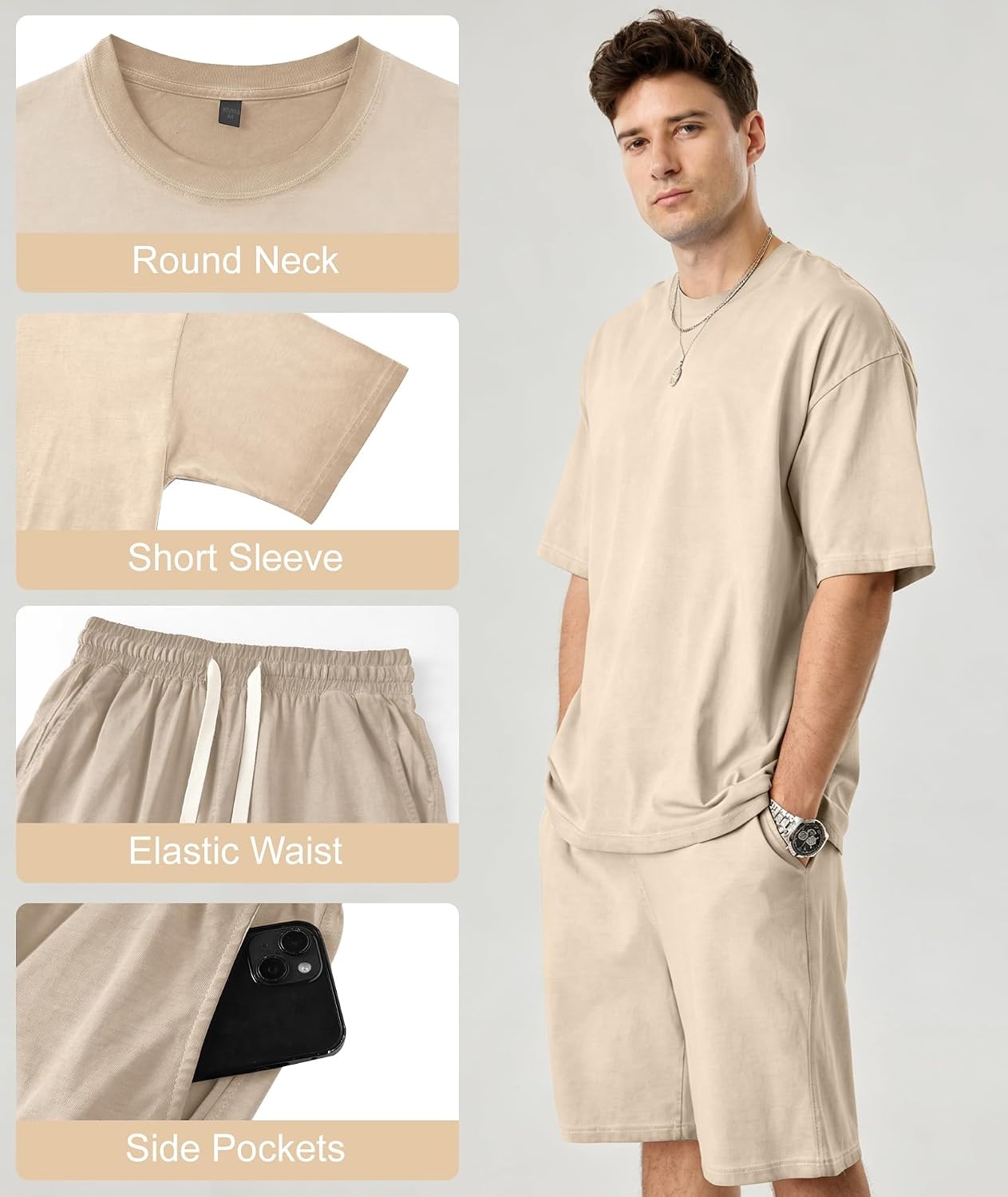 image:imageZITY Mens Short Sets 2 Piece Summer Outfits Oversized Short Sleeve Acid Wash TShirt Shorts Set Casual Cotton TracksuitsKhaki
