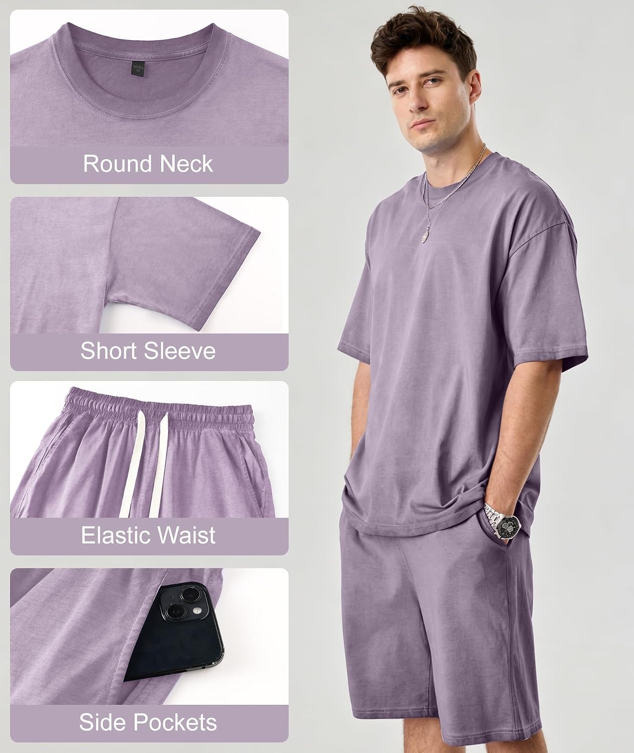 image:imageZITY Mens Short Sets 2 Piece Summer Outfits Oversized Short Sleeve Acid Wash TShirt Shorts Set Casual Cotton TracksuitsPurple