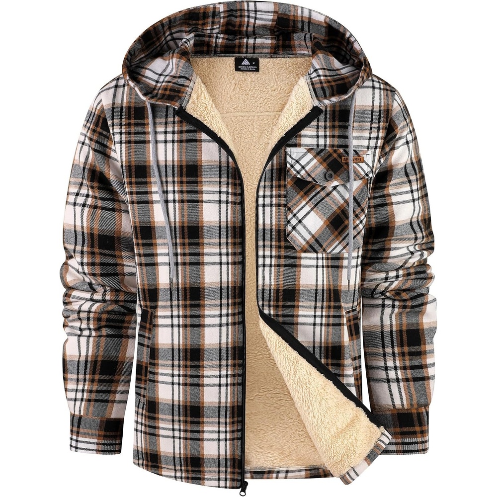 image:imageZITY Mens Flannel Jacket Plaid Zip Up Hoodie Fleece Jacket Sherpa Lined Sweatshirt Warm Winter Coat with PocketBrown White