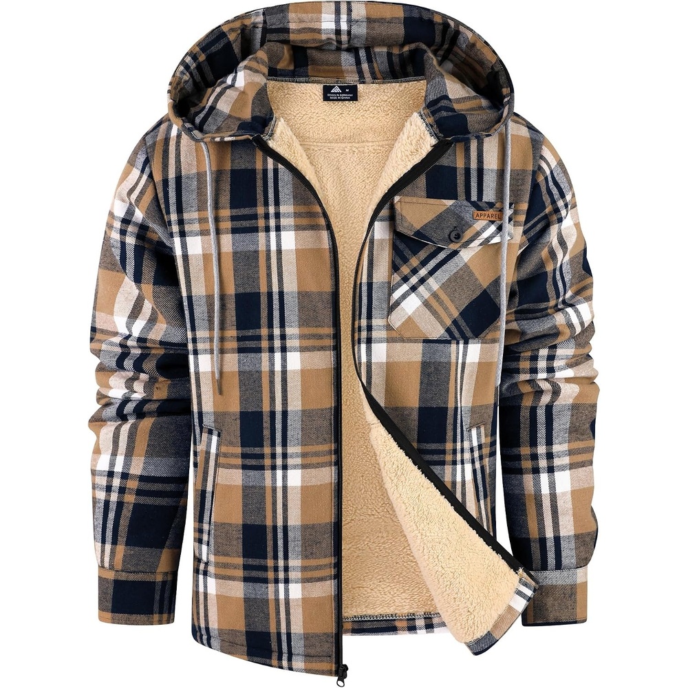 image:imageZITY Mens Flannel Jacket Plaid Zip Up Hoodie Fleece Jacket Sherpa Lined Sweatshirt Warm Winter Coat with PocketDeep Blue Beige