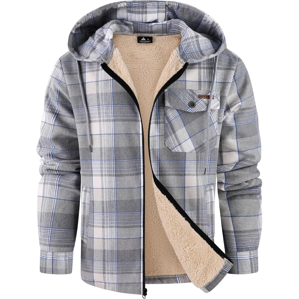 image:imageZITY Mens Flannel Jacket Plaid Zip Up Hoodie Fleece Jacket Sherpa Lined Sweatshirt Warm Winter Coat with PocketGrey