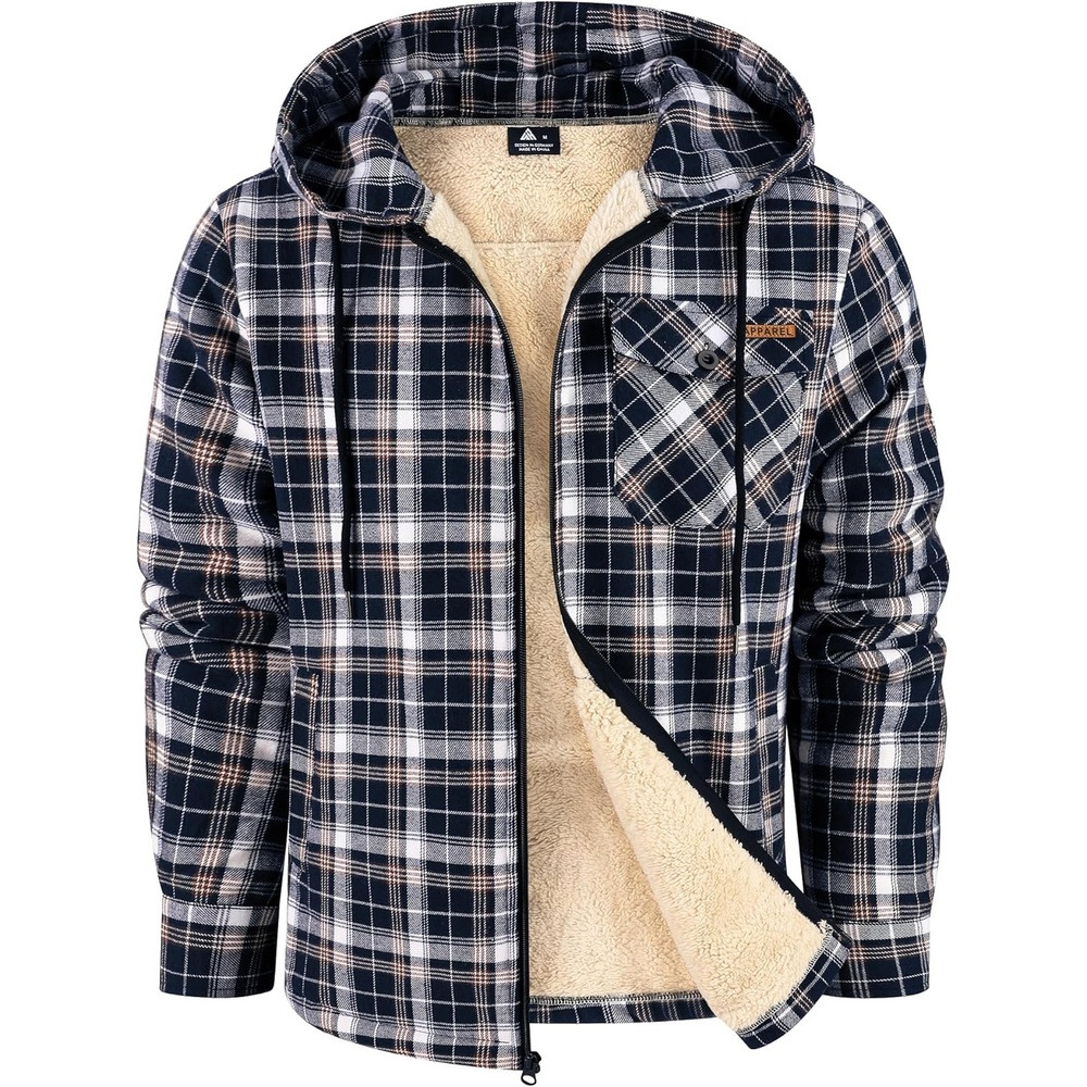 image:imageZITY Mens Flannel Jacket Plaid Zip Up Hoodie Fleece Jacket Sherpa Lined Sweatshirt Warm Winter Coat with PocketNavy White