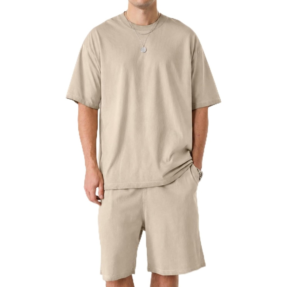 image:imageZITY Mens Short Sets 2 Piece Summer Outfits Oversized Short Sleeve Acid Wash TShirt Shorts Set Casual Cotton Tracksuits Khaki XL