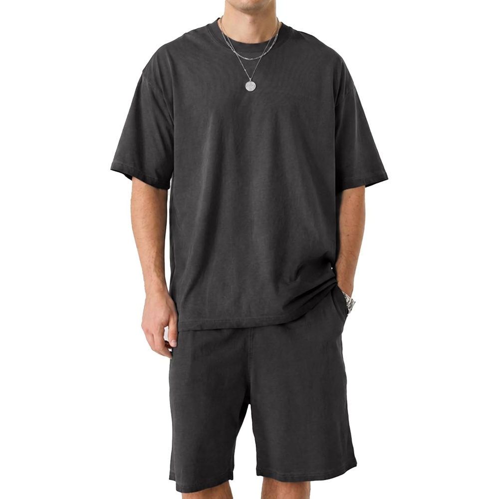 image:imageZITY Mens Short Sets 2 Piece Summer Outfits Oversized Short Sleeve Acid Wash TShirt Shorts Set Casual Cotton TracksuitsBlack