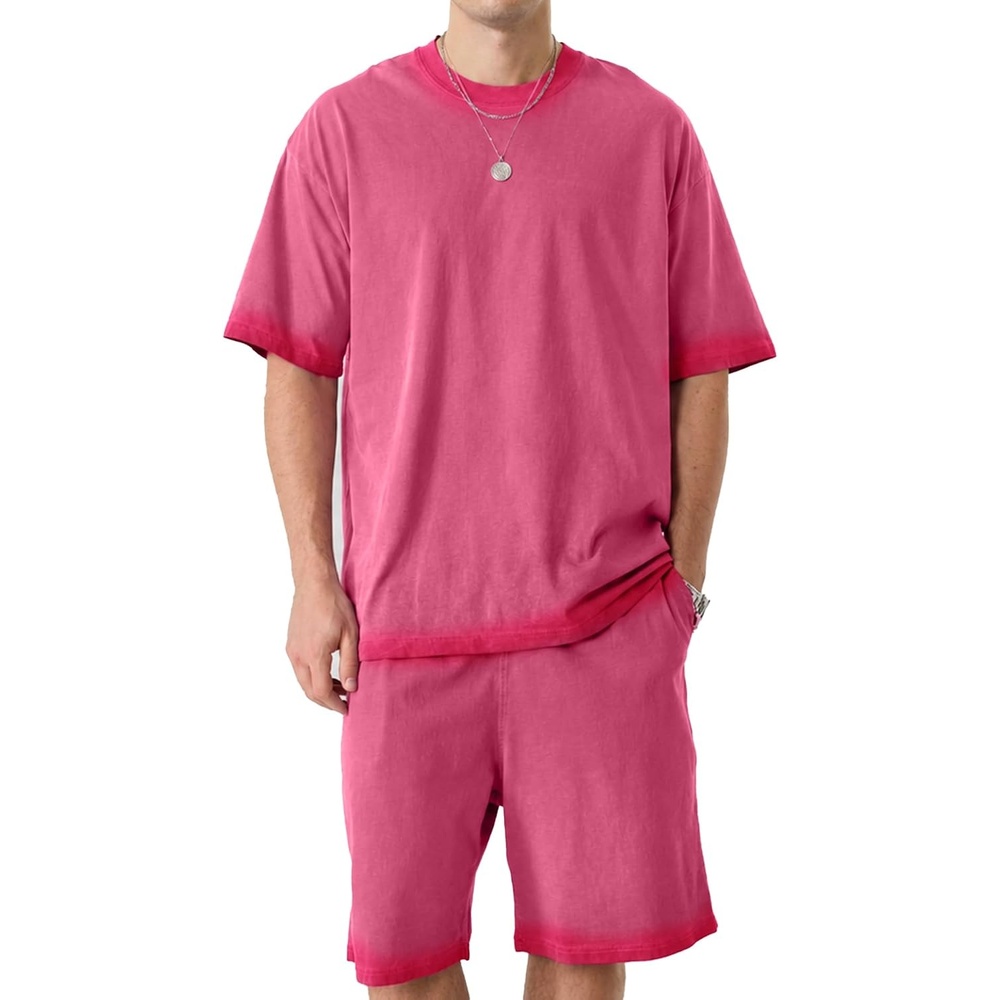 image:imageZITY Mens Short Sets 2 Piece Summer Outfits Oversized Short Sleeve Acid Wash TShirt Shorts Set Casual Cotton TracksuitsRose Red