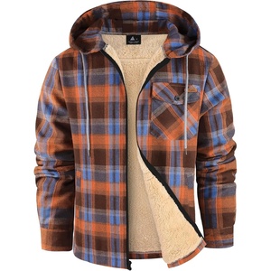 ZITY Mens Flannel Jacket Plaid Zip Up Hoodie Fleece Jacket Sherpa Lined Sweatshirt Warm Winter Coat with Pocket(Orange Blue)