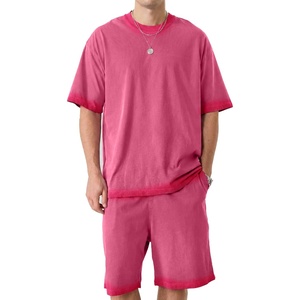 ZITY Mens Short Sets 2 Piece Summer Outfits Oversized Short Sleeve Acid Wash T-Shirt Shorts Set Casual Cotton Tracksuits(Rose Red)