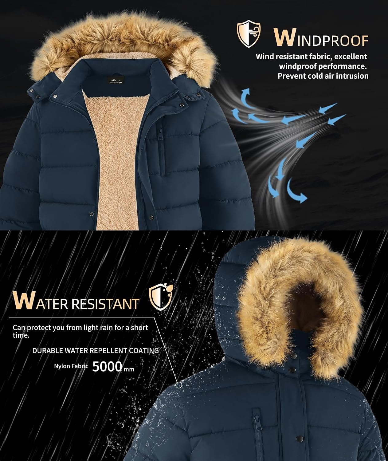 image:imageFur Coat Men Long Jacket Waterproof Winter Jackets for Men Zip Up Hoodie Puffer Jacket Mens Winter Coats Windproof Coat Mens Parka Hooded Jackets Fur Coats