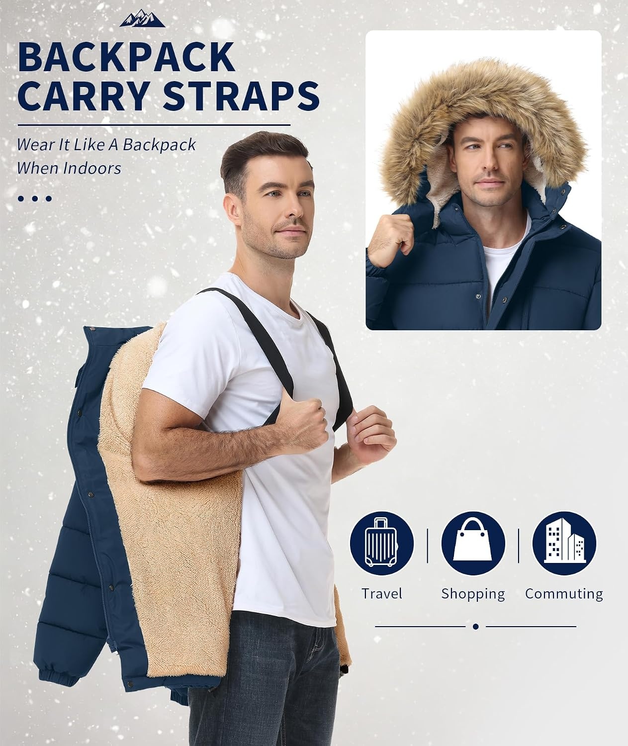 image:imageFur Coat Men Long Jacket Waterproof Winter Jackets for Men Zip Up Hoodie Puffer Jacket Mens Winter Coats Windproof Coat Mens Parka Hooded Jackets Fur Coats