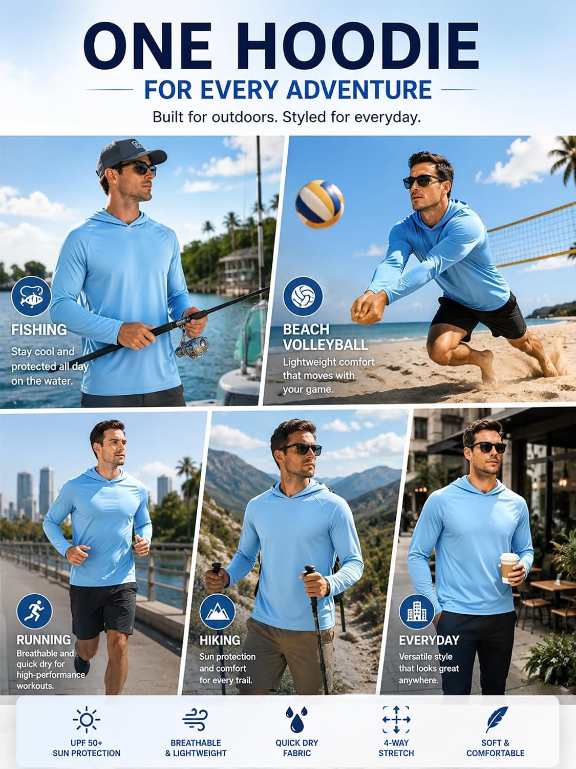 image:imageZITY 3 Pack Mens Sun Protection Hoodie Shirt Fishing Shirts for Men UPF 50 Long Sleeve Shirt Lightweight Rash Guard3pcs Light Blue