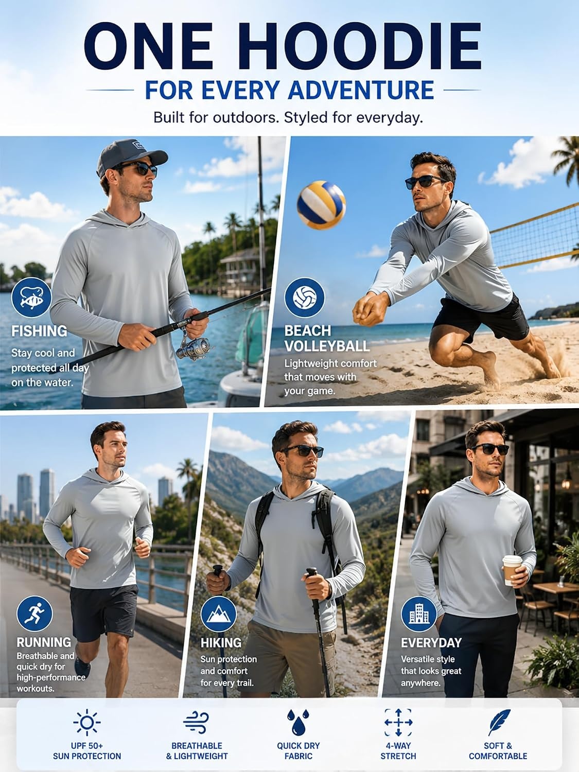 image:imageZITY 3 Pack Mens Sun Protection Hoodie Shirt Fishing Shirts for Men UPF 50 Long Sleeve Shirt Lightweight Rash Guard3pcs Light Grey
