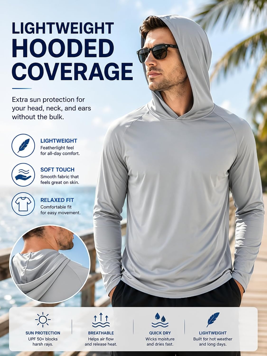 image:imageZITY 3 Pack Mens Sun Protection Hoodie Shirt Fishing Shirts for Men UPF 50 Long Sleeve Shirt Lightweight Rash Guard6pcs Light Grey