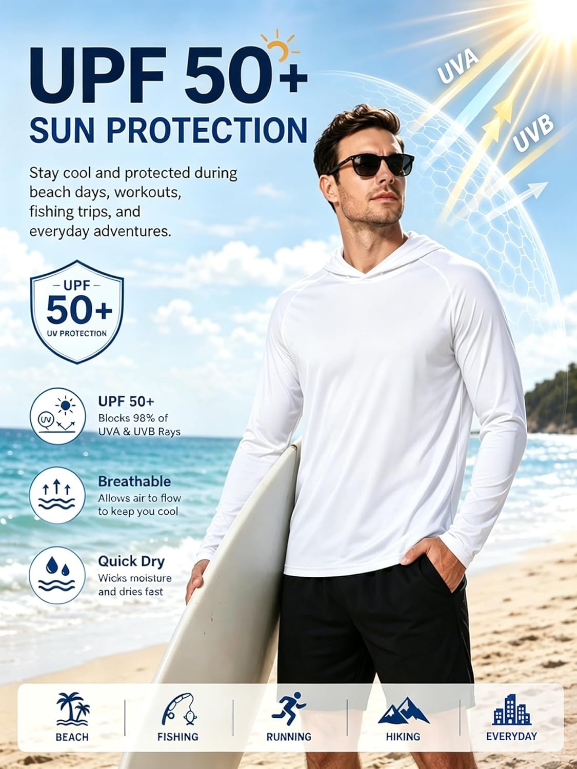 image:imageZITY 3 Pack Mens Sun Protection Hoodie Shirt Fishing Shirts for Men UPF 50 Long Sleeve Shirt Lightweight Rash Guard6pcs White