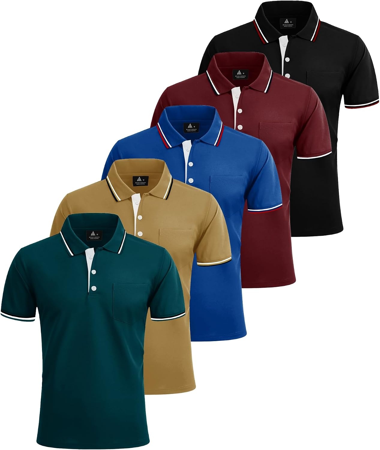 image:imageZITY 5 Pack Men Polo Shirts Short Sleeve with Pocket Wicking Golf Shirts for Men Casual Collared TShirtsDarkblue Khaki Blue Winered Black