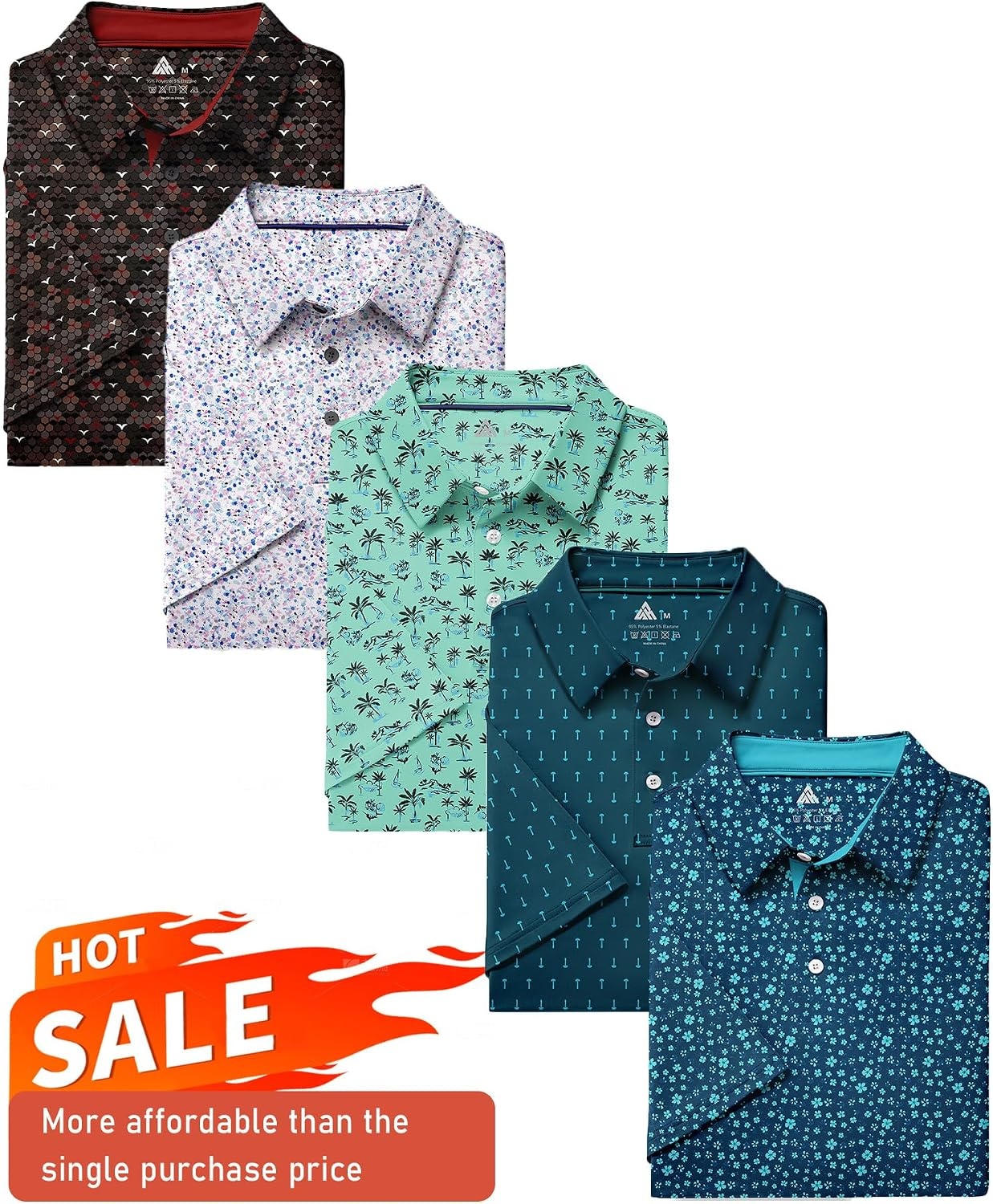image:imageZITY 5 Pack Mens Golf Shirt Short Sleeve UPF 50 Moisture Wicking Performance Print Patterns Casual Golf Polo Shirts for MenWine White Green Darkteal Lightteal