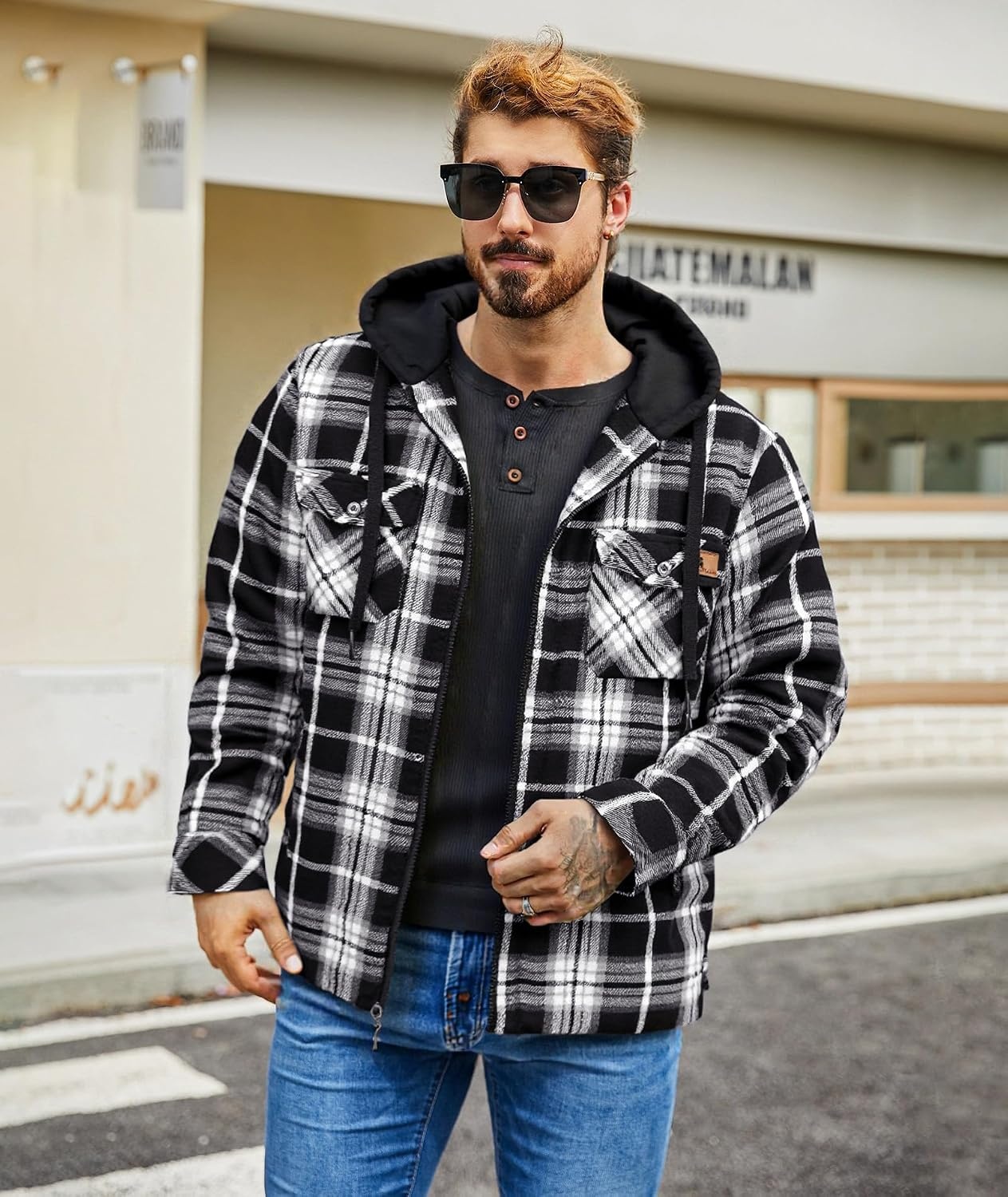 image:imageZITY Flannel Jacket for Men Fleece Plaid Shirts Hoodie Zip Up Sherpa Lined Winter Warm CoatWhite Black
