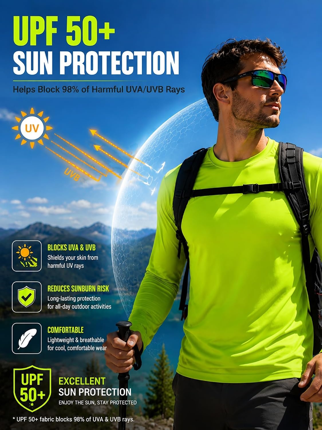 image:imageZITY Mens Active Crew Neck Long Sleeve T Shirts Neon Green Athletic Running UPF 50 UV Cooling Workout Tops Sun Shirts