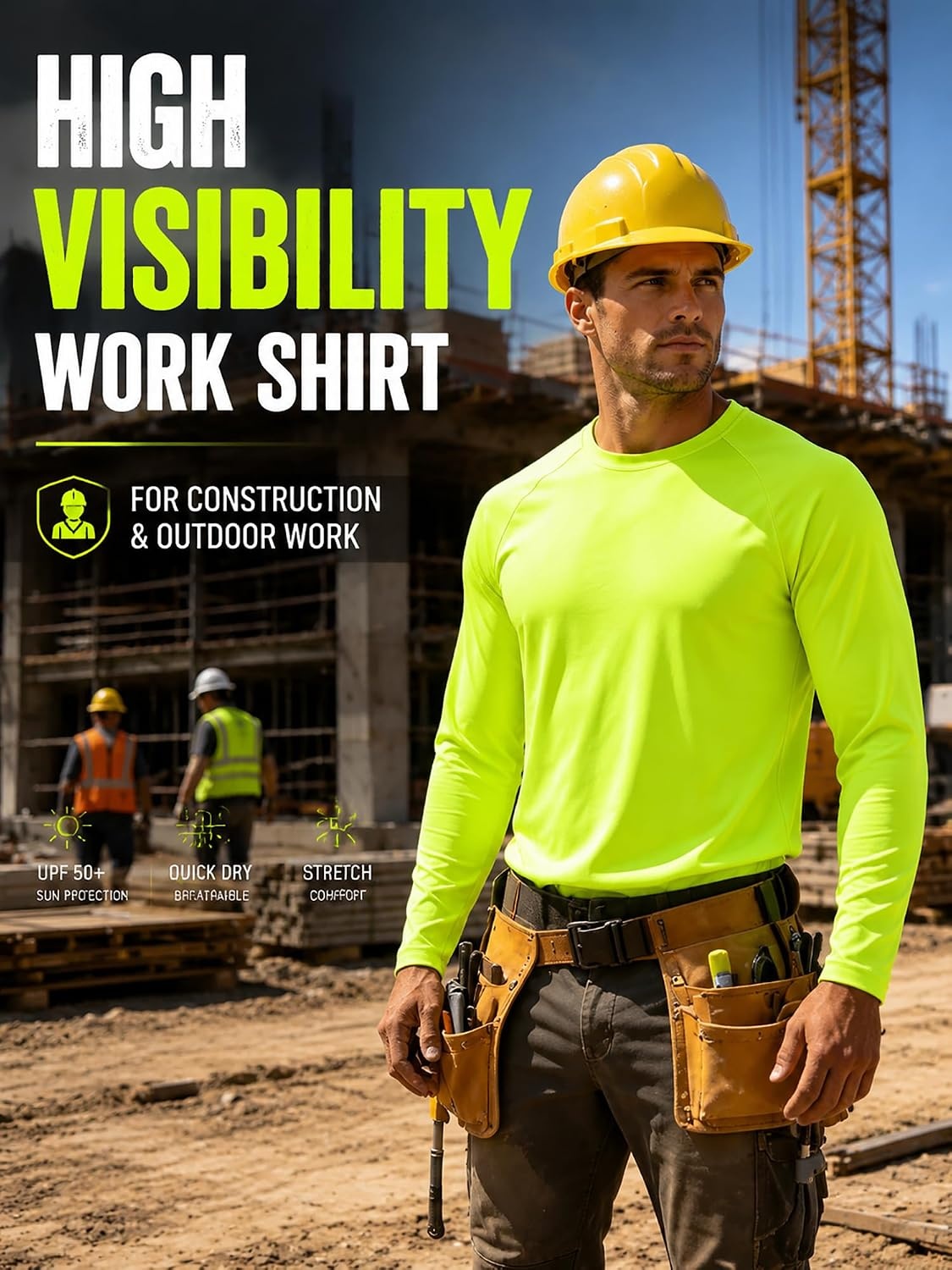 image:imageZITY Mens Active Crew Neck Long Sleeve T Shirts Neon Green Athletic Running UPF 50 UV Cooling Workout Tops Sun Shirts
