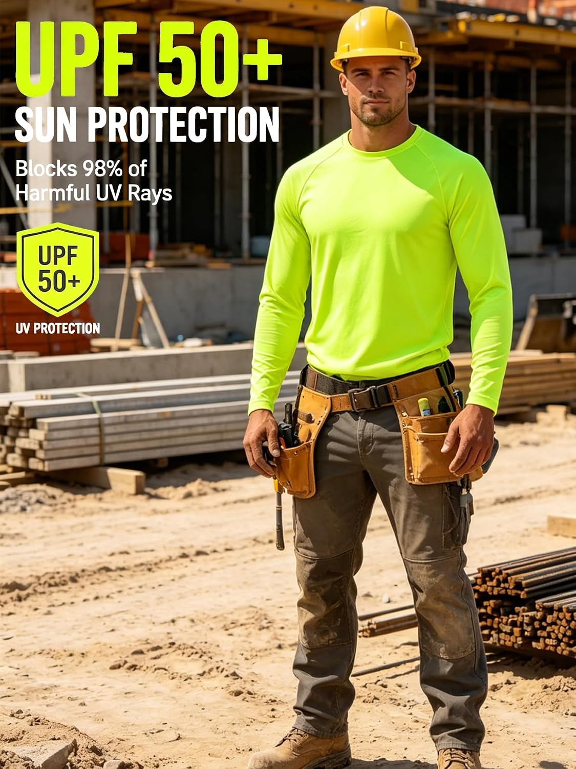 image:imageZITY Mens Active Crew Neck Long Sleeve T Shirts Neon Green Athletic Running UPF 50 UV Cooling Workout Tops Sun Shirts