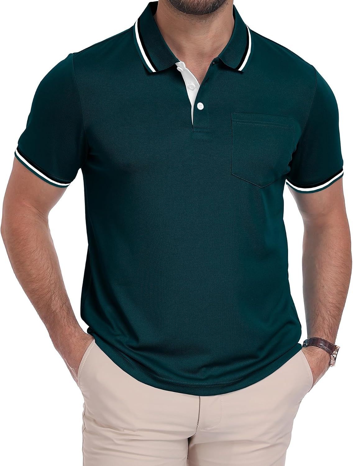 image:imageZITY Mens Polo Shirts Short Sleeve Casual Collared Shirts Moisture Wicking Athletic Work Golf Shirts for Men with PocketDark Teal Blue