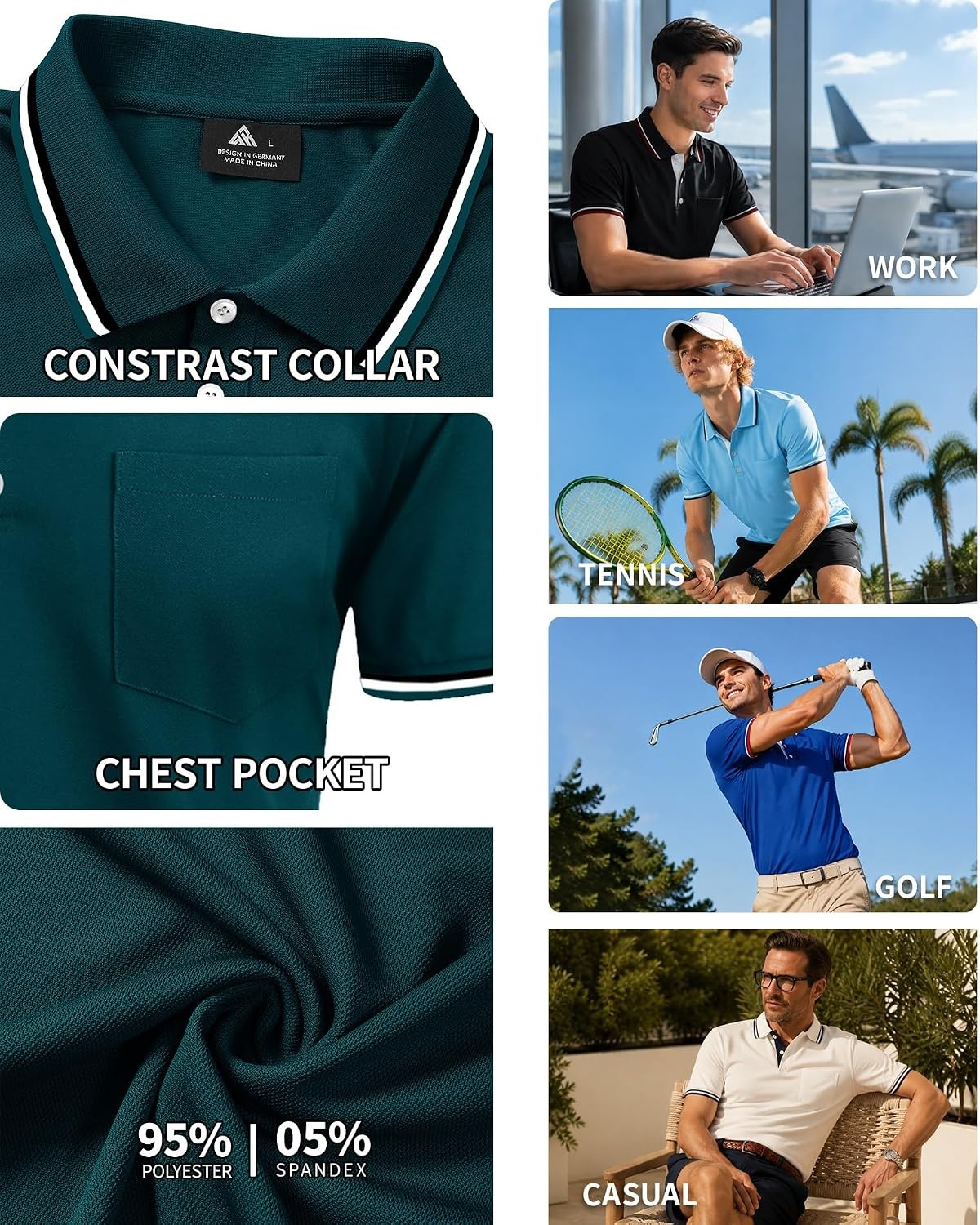 image:imageZITY Mens Polo Shirts Short Sleeve Casual Collared Shirts Moisture Wicking Athletic Work Golf Shirts for Men with PocketDark Teal Blue