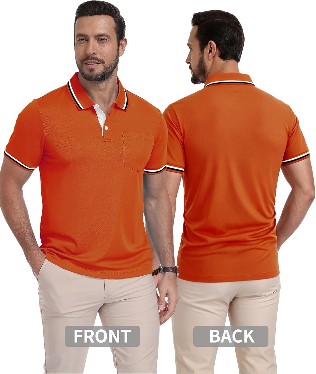 image:imageZITY Mens Polo Shirts Short Sleeve Casual Collared Shirts Moisture Wicking Athletic Work Golf Shirts for Men with PocketDeep Orange