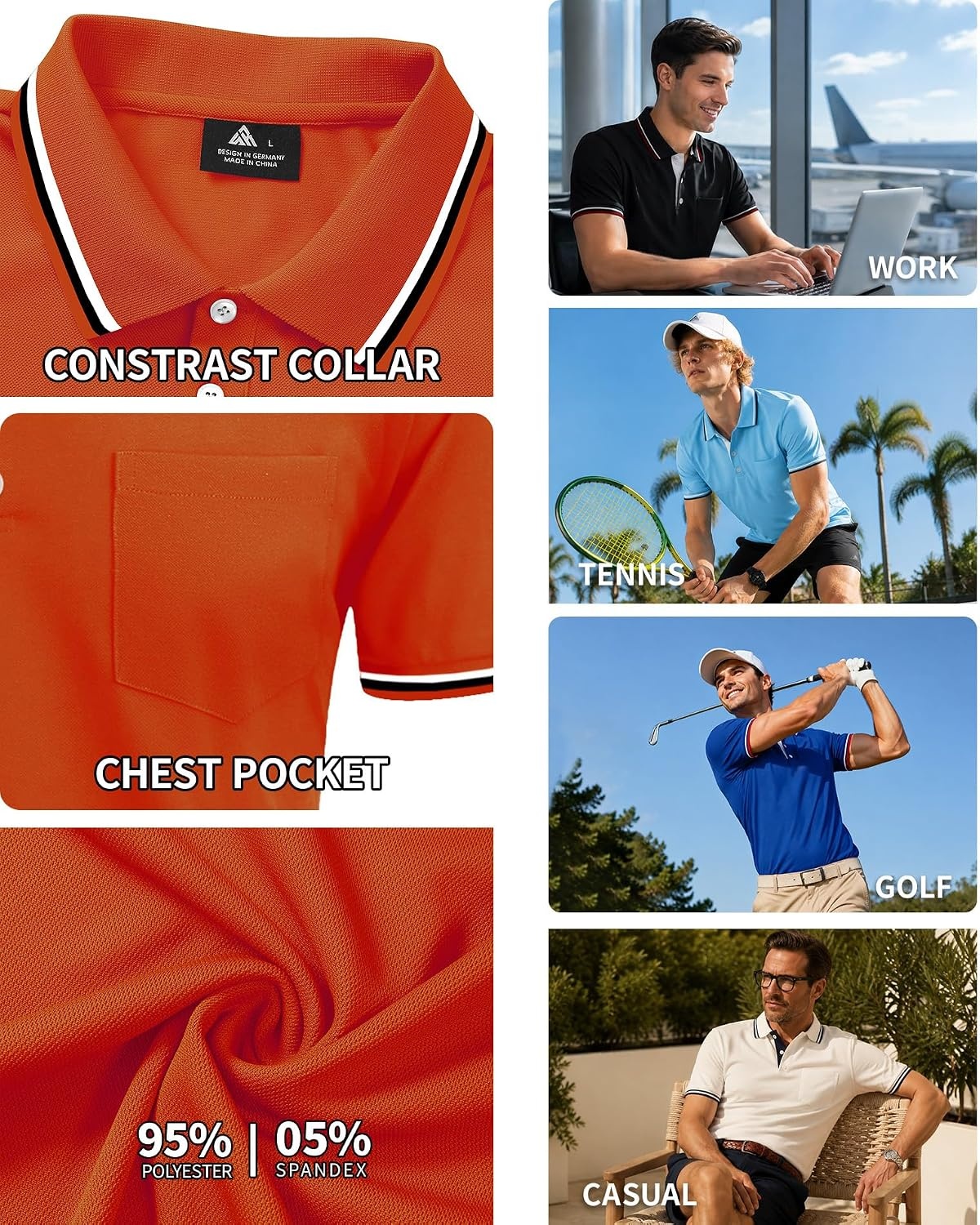 image:imageZITY Mens Polo Shirts Short Sleeve Casual Collared Shirts Moisture Wicking Athletic Work Golf Shirts for Men with PocketDeep Orange