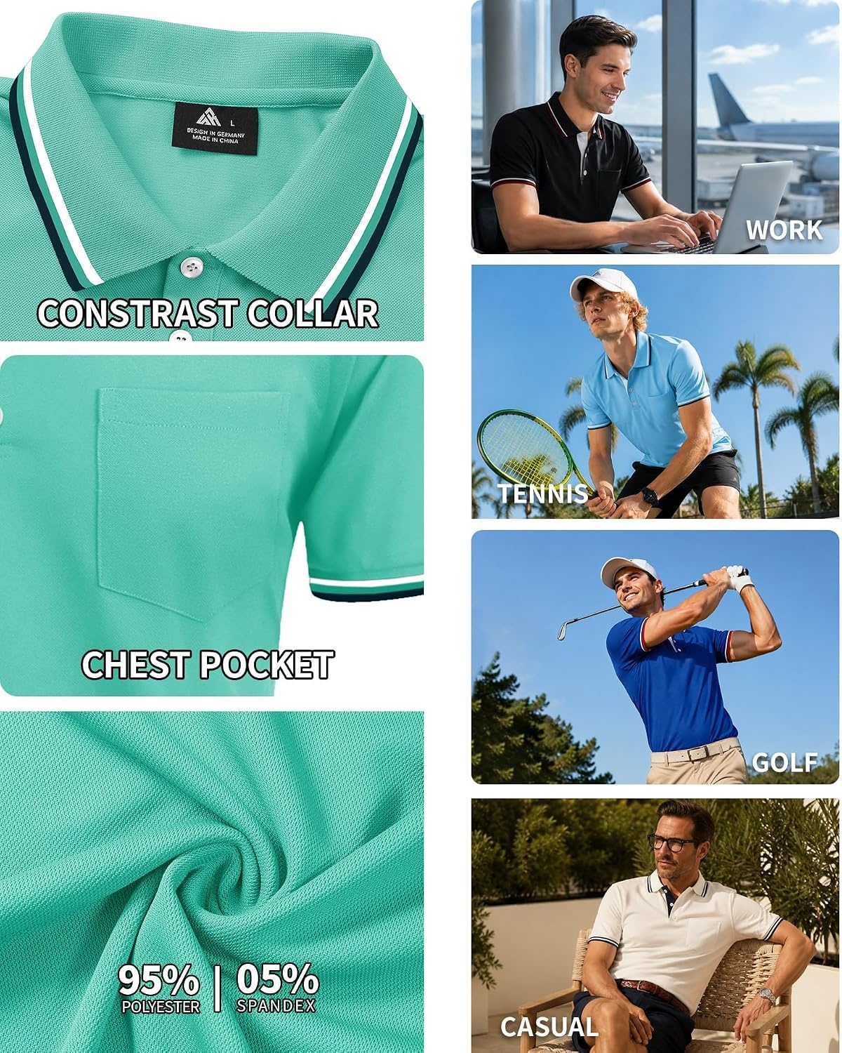 image:imageZITY Mens Polo Shirts Short Sleeve Casual Collared Shirts Moisture Wicking Athletic Work Golf Shirts for Men with PocketEmerald Blue
