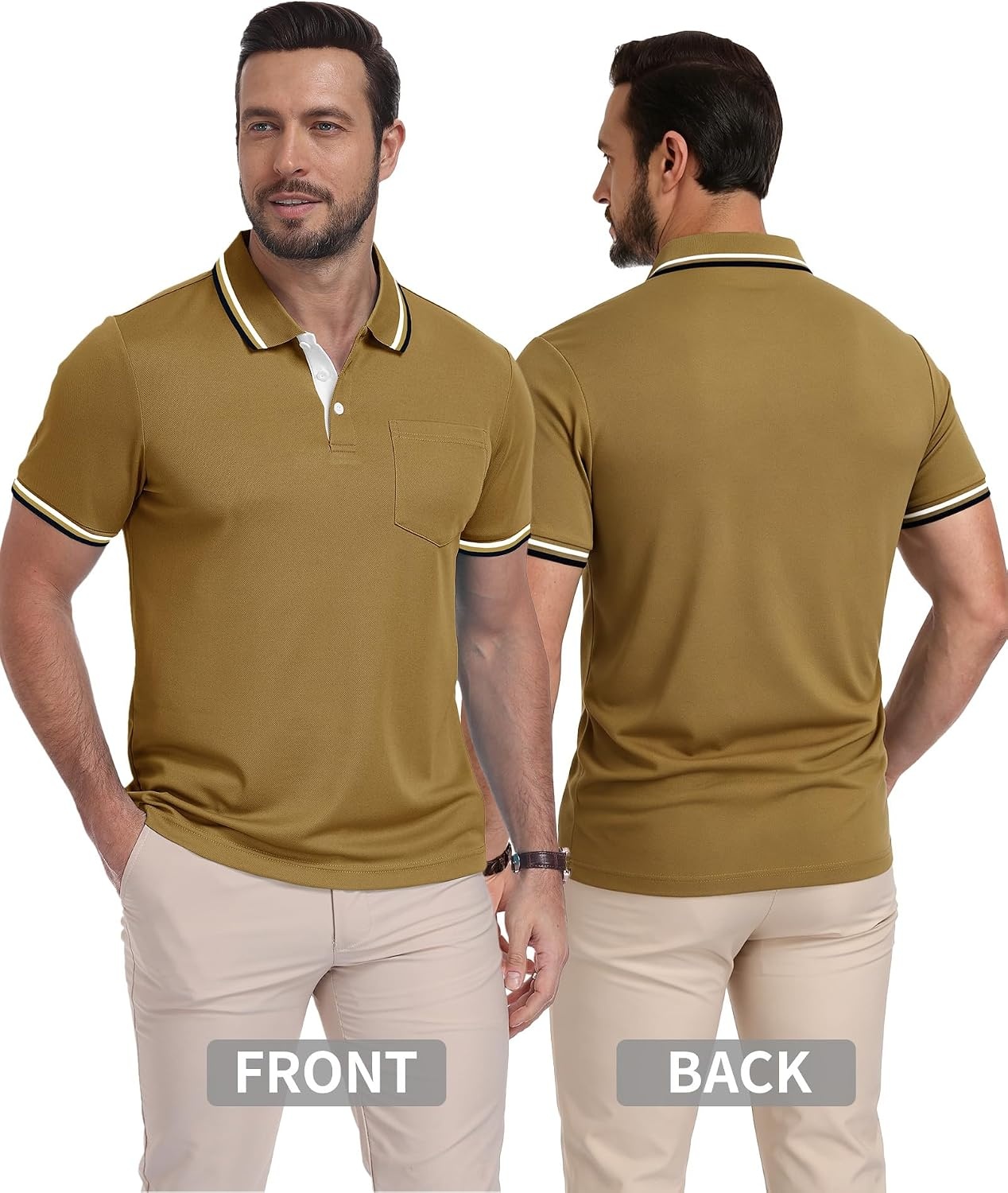 image:imageZITY Mens Polo Shirts Short Sleeve Casual Collared Shirts Moisture Wicking Athletic Work Golf Shirts for Men with PocketKhaki